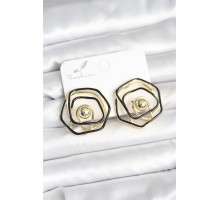 Pirinç Gold Renk Siyah Mineli Geometrik Gül Model Kadın Küpe - TJ-BKP11376