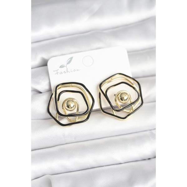 Pirinç Gold Renk Siyah Mineli Geometrik Gül Model Kadın Küpe - TJ-BKP11376