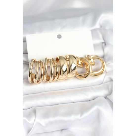 Pirinç Gold Renk 3 Çift Vintage Kadın Küpe Seti - TJ-BKP11382