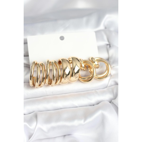 Pirinç Gold Renk 3 Çift Vintage Kadın Küpe Seti - TJ-BKP11382