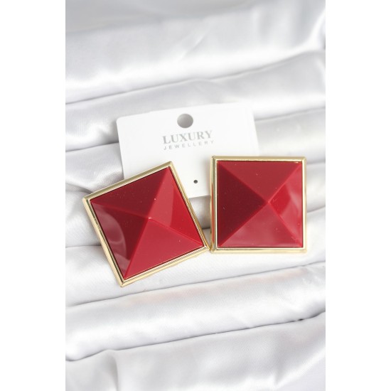 Pirinç Gold Renk Bordo Piramit Model Kadın Küpe - TJ-BKP11384