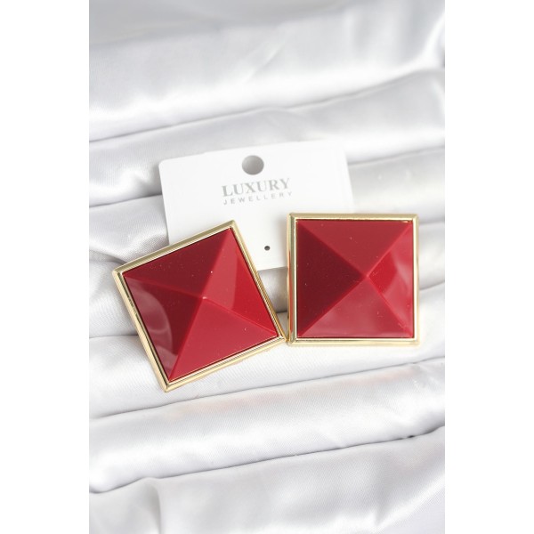 Pirinç Gold Renk Bordo Piramit Model Kadın Küpe - TJ-BKP11384