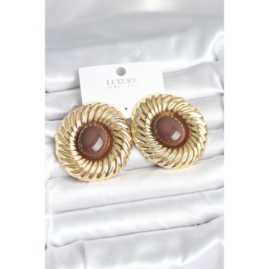 Pirinç Gold Renk Kahverengi Boncuklu Vintage Kadın Küpe - TJ-BKP11386