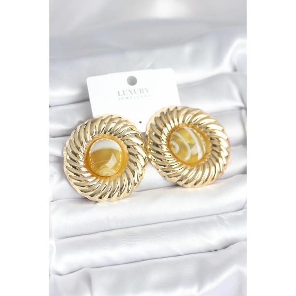 Pirinç Gold Renk Kehribar Boncuklu Vintage Kadın Küpe - TJ-BKP11387