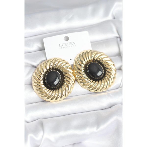 Pirinç Gold Renk Siyah Boncuklu Vintage Kadın Küpe - TJ-BKP11388