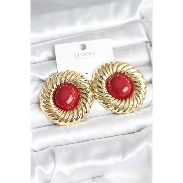 Pirinç Gold Renk Bordo Boncuklu Vintage Kadın Küpe - TJ-BKP11389