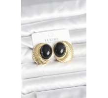 Pirinç Gold Renk Siyah Boncuklu Oval Vintage Kadın Küpe - TJ-BKP11390