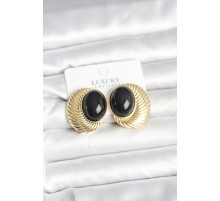 Pirinç Gold Renk Siyah Boncuklu Oval Vintage Kadın Küpe - TJ-BKP11390