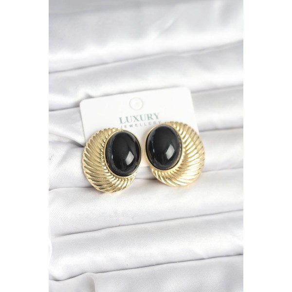 Pirinç Gold Renk Siyah Boncuklu Oval Vintage Kadın Küpe - TJ-BKP11390