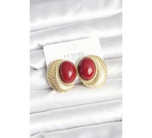 Pirinç Gold Renk Bordo Boncuklu Oval Vintage Kadın Küpe - TJ-BKP11391