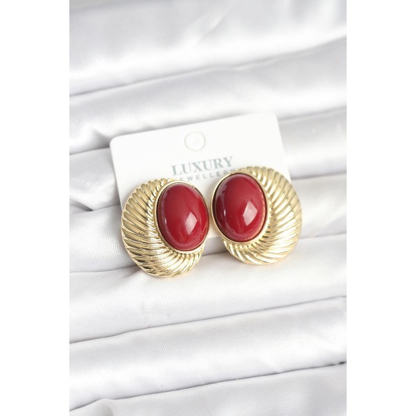 Pirinç Gold Renk Bordo Boncuklu Oval Vintage Kadın Küpe - TJ-BKP11391