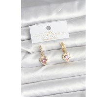 Pirinç Gold Pembe Renk Zirkon Taşlı Kalp Model Kadın Küpe - TJ-BKP11393