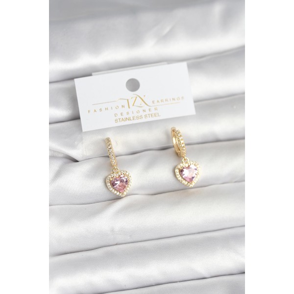 Pirinç Gold Pembe Renk Zirkon Taşlı Kalp Model Kadın Küpe - TJ-BKP11393