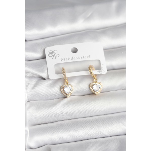 Pirinç Gold Renk Zirkon Taşlı Kalp Model Kadın Küpe - TJ-BKP11394