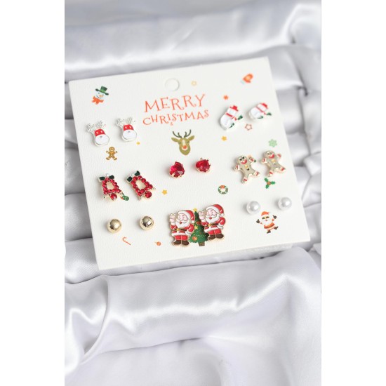 Yılbaşı Temalı Karışık Model 8 Çift Yılbaşı Temalı Kadın Küpe Seti - TJ-BKP11399