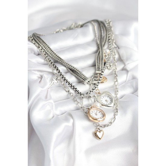 Otantik Gümüş Renk Kadın Kolye Kombini - TJ-BKO10723