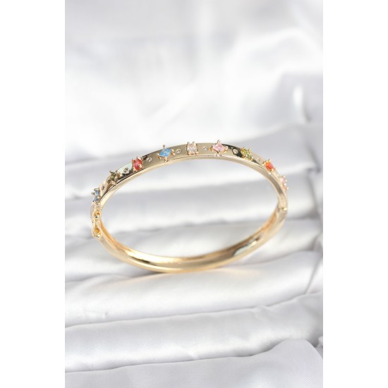 Pirinç Gold Renk Zirkon Taşlı Kelepçe Bileklik - TJ-BB8087