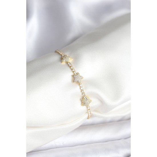 Yıldız Model Zirkon Taşlı Gold Renk Pirinç Su Yolu Kadın Bileklik - TJ-BB8096