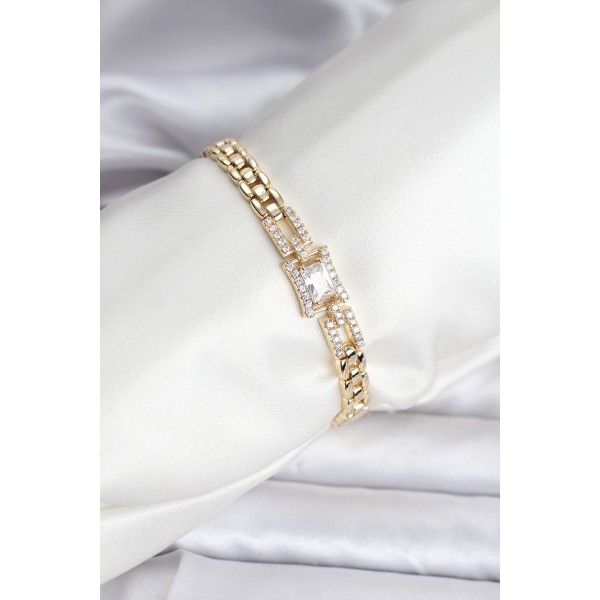 14K Gold Renk Kaplama Zirkon Kare Taşlı CM Kadın Bileklik - TJ-BB8118