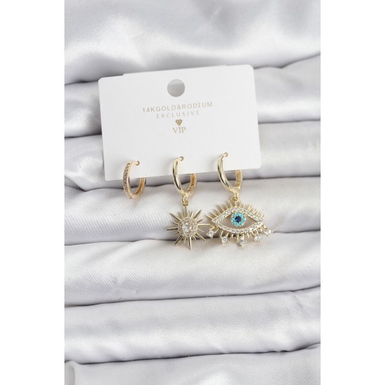 Göz Model Gold Renk Pirinç 3'lü Kadın Küpe Seti - TJ-BKP11439