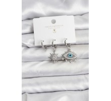 Göz Model Gümüş Renk Pirinç 3'lü Kadın Küpe Seti - TJ-BKP11440