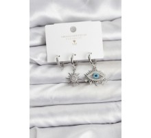 Göz Model Gümüş Renk Pirinç 3'lü Kadın Küpe Seti - TJ-BKP11440