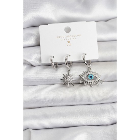 Göz Model Gümüş Renk Pirinç 3'lü Kadın Küpe Seti - TJ-BKP11440