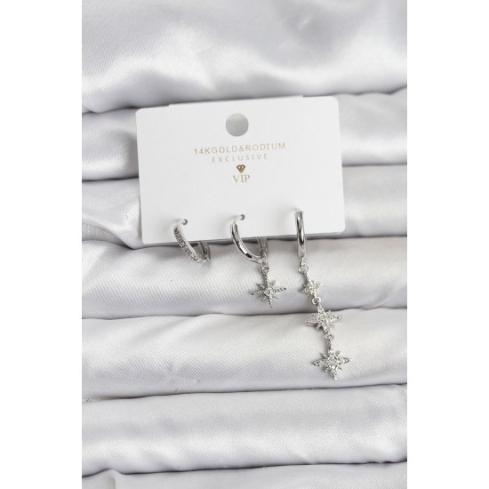 Kutup Yıldızı Model Gümüş Renk Pirinç 3'lü Kadın Küpe Seti - TJ-BKP11444