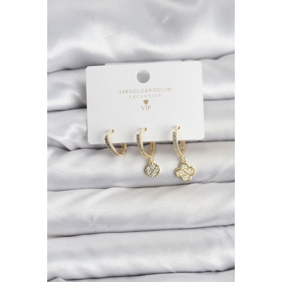 Pirinç Gold Renk Yonca Model 3'lü Kadın Küpe Seti - TJ-BKP11445