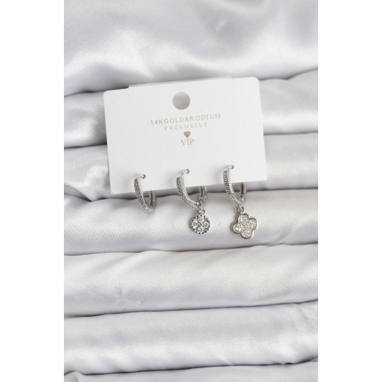 Pirinç Gümüş Renk Yonca Model 3'lü Kadın Küpe Seti - TJ-BKP11446