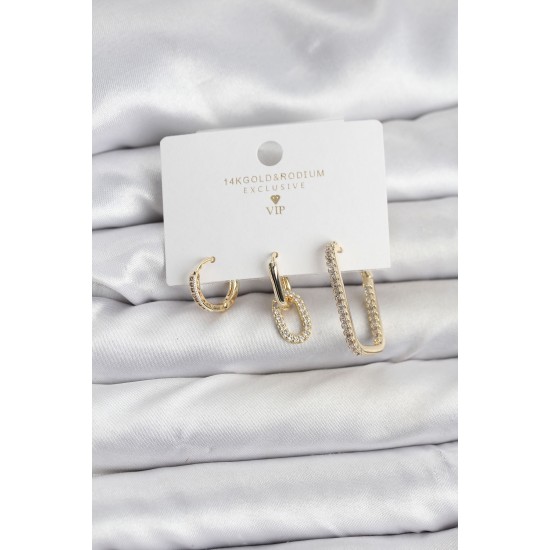 Gold Renk Zirkon Taşlı 3'lü Kadın Küpe Seti - TJ-BKP11449