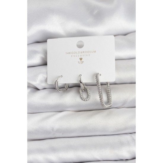 Gümüş Renk Zirkon Taşlı 3'lü Kadın Küpe Seti - TJ-BKP11450