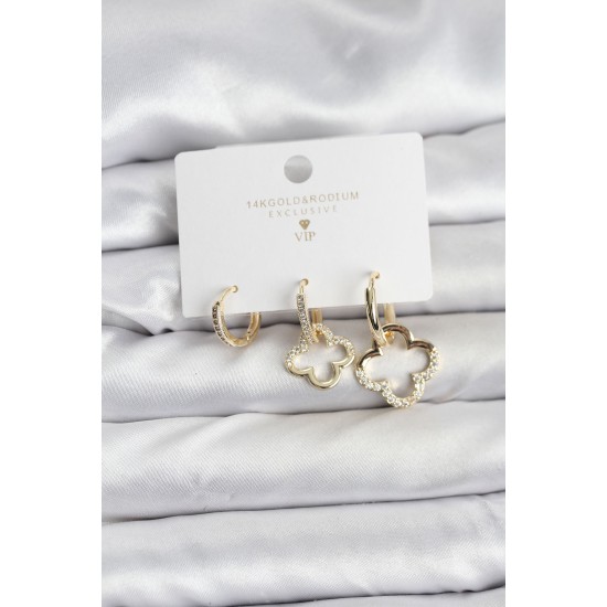 Yonca Model Gold Renk Pirinç 3'lü Kadın Küpe Seti - TJ-BKP11451