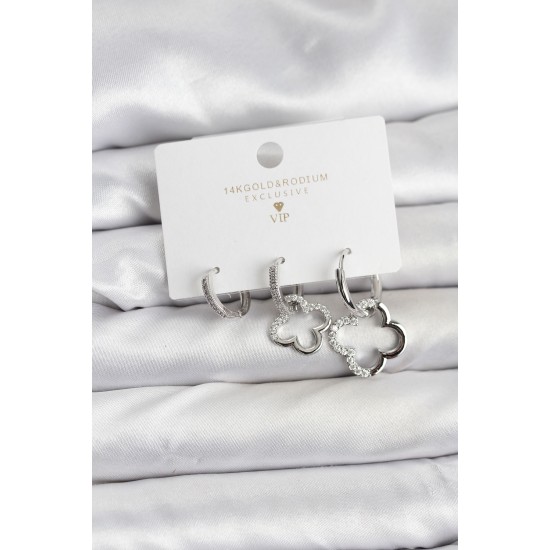 Yonca Model Gümüş Renk Pirinç 3'lü Kadın Küpe Seti - TJ-BKP11452