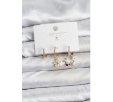 Çiçek Model Gold Renk Pirinç 3'lü Kadın Küpe Seti - TJ-BKP11453