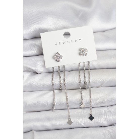 Pirinç Gümüş Renk Yonca Model Sallantılı Kadın Küpe - TJ-BKP11454