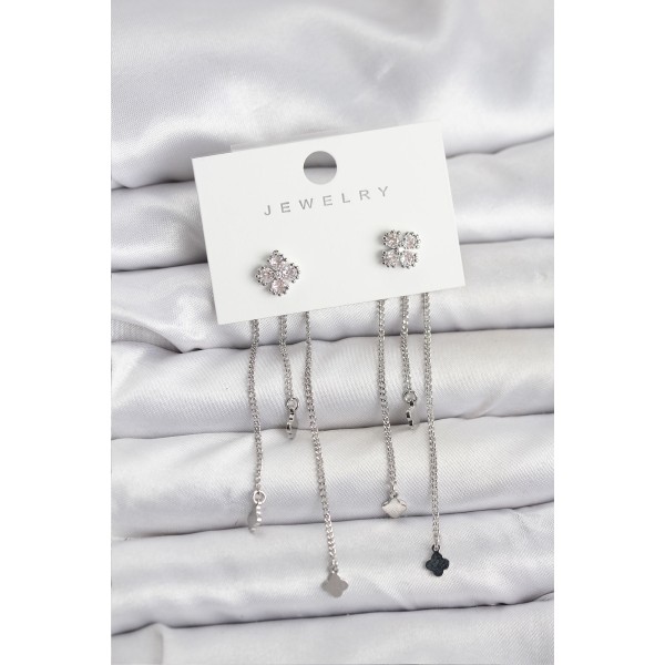 Pirinç Gümüş Renk Yonca Model Sallantılı Kadın Küpe - TJ-BKP11454