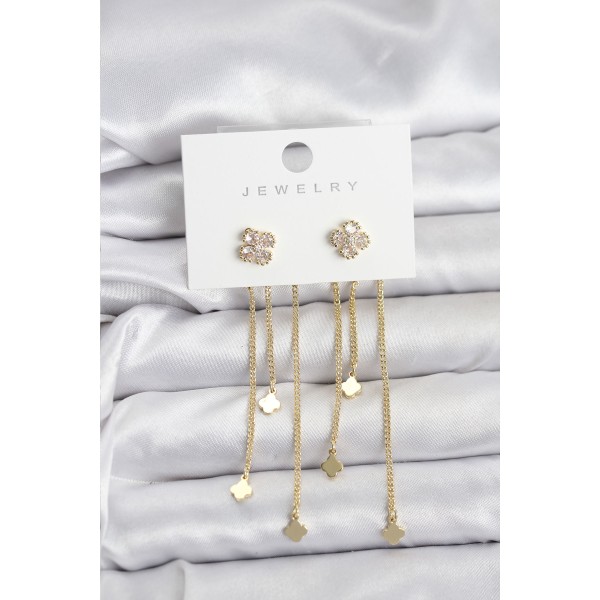 Pirinç Gold Renk Yonca Model Sallantılı Kadın Küpe - TJ-BKP11455