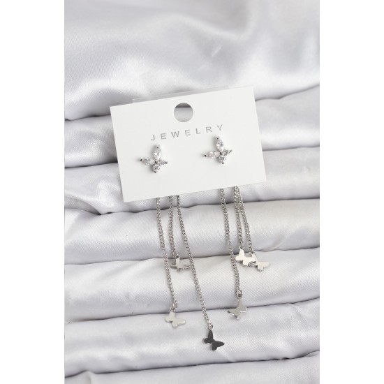 Kelebek Model Gümüş Renk Pirinç Sallantılı Kadın Küpe - TJ-BKP11456