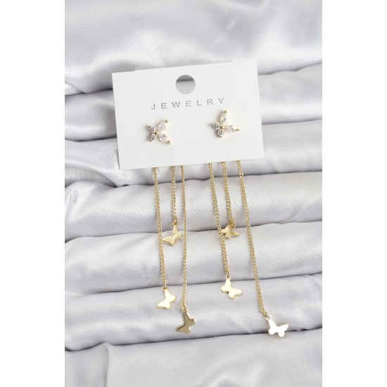 Kelebek Model Gold Renk Pirinç Sallantılı Kadın Küpe - TJ-BKP11457
