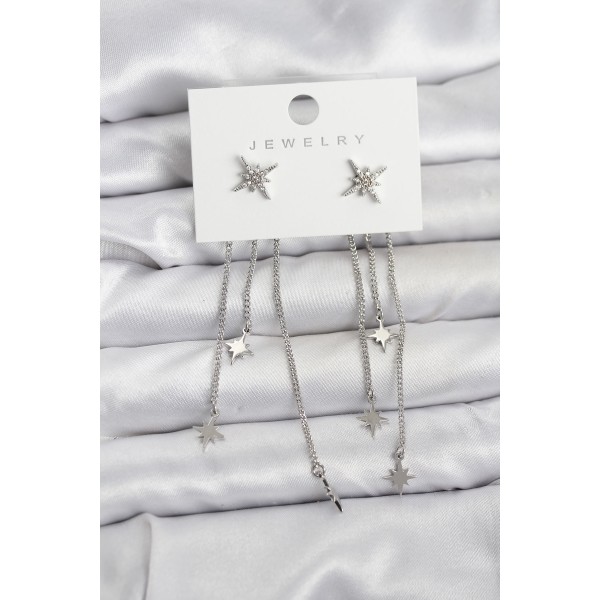 Kutup Yıldızı Model Gümüş Renk Pirinç Sallantılı Kadın Küpe - TJ-BKP11458