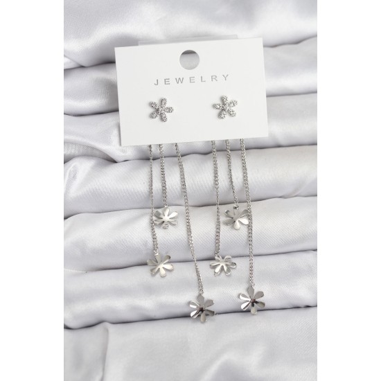 Papatya Model Gümüş Renk Pirinç Sallantılı Kadın Küpe - TJ-BKP11466