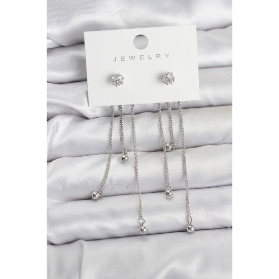 Topçuk Model Gümüş Renk Pirinç Sallantılı Kadın Küpe Seti - TJ-BKP11468