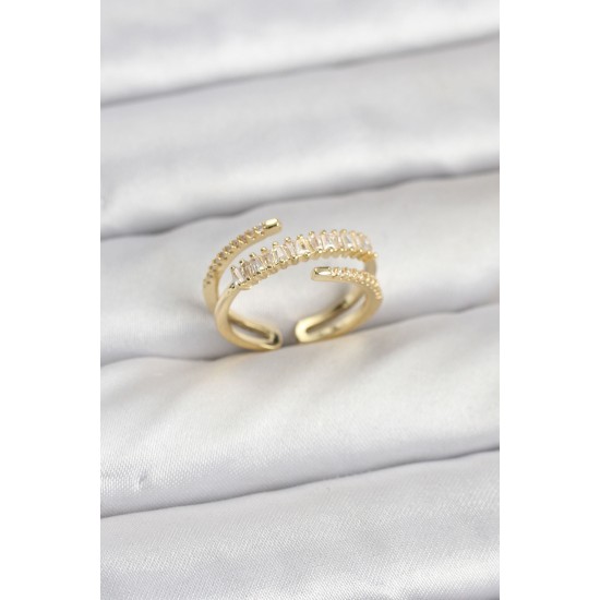 Pirinç Gold Renk Sıralı Baget Zirkon Taşlı Kadın Yüzük - TJ-BYK3911