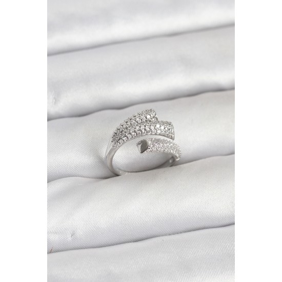 Gümüş Renk Zirkon Taşlı Pirinç Kadın Yüzük - TJ-BYK3918