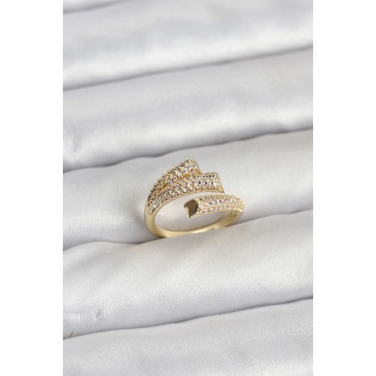 Gold Renk Zirkon Taşlı Pirinç Kadın Yüzük - TJ-BYK3919