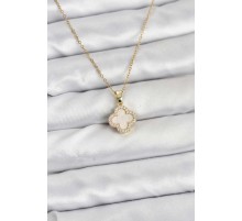 316L Çelik Zincir Gold Renk Sedefli Yonca Kadın Kolye - TJ-BKO10765
