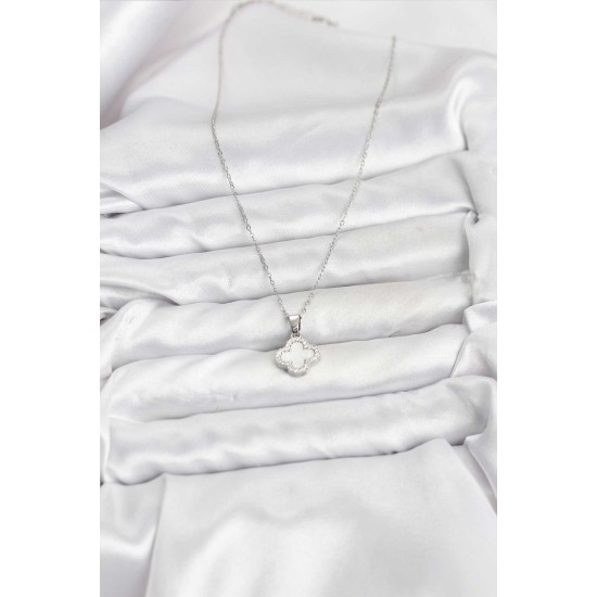 316L Çelik Zincir Gümüş Renk Sedefli Yonca Kadın Kolye - TJ-BKO10766