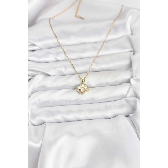 316L Çelik Zincir Gold Renk Zirkon Taşlı Yonca Model Kadın Kolye - TJ-BKO10767