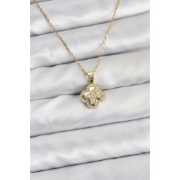 316L Çelik Zincir Gold Renk Zirkon Taşlı Yonca Model Kadın Kolye TJ-BKO10767